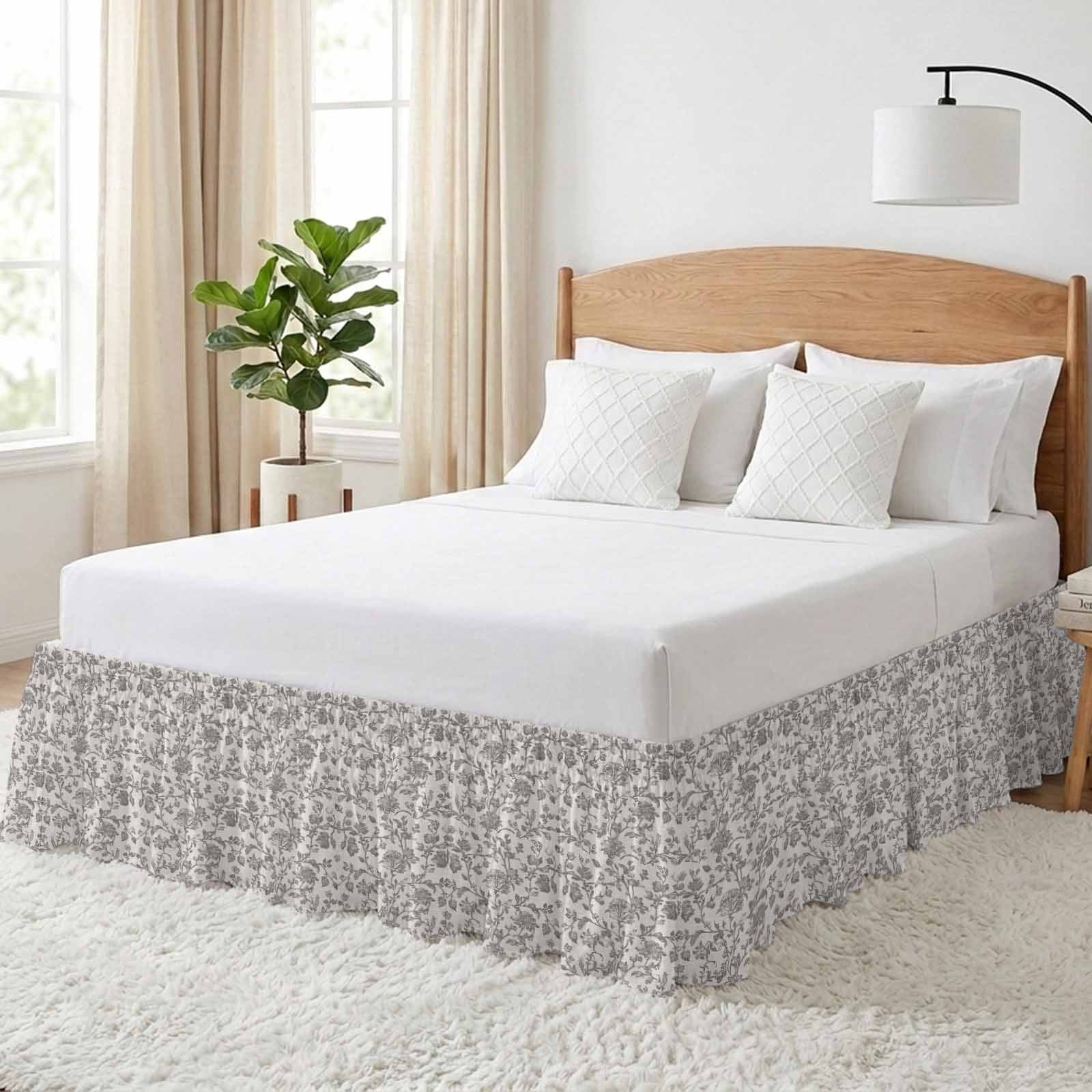 Farmhouse Grey Bed Skirt Queen Size, Vintage Flower Leaf Botanical Plant Wrap Around Bed Skirting with Adjustable Elastic Strap, Dust Ruffle Pleated Bedskirts 16 Inch Drop for Bedroom Queen Beds