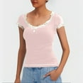 thumbnail image 4 of Women Y2k Lace Trim Tops Solid Color Square Neck Button Down Slim Fit Blouses Short Sleeve Fashion T-Shirts, 4 of 6