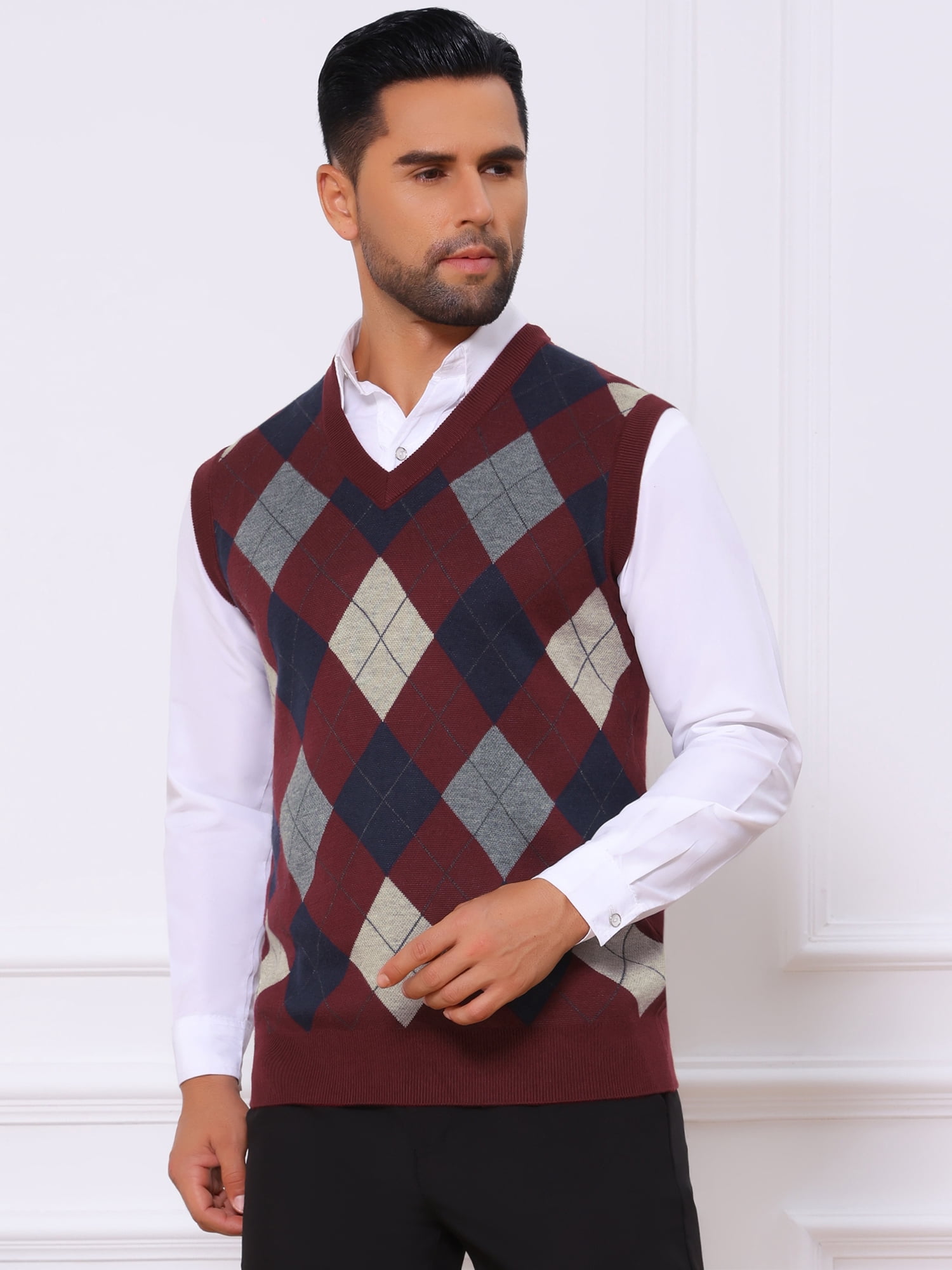 DARING DIVA Men's Casual Knit Sleeveless V-Neck Plaid Argyle Sweater Vest L Burgundy