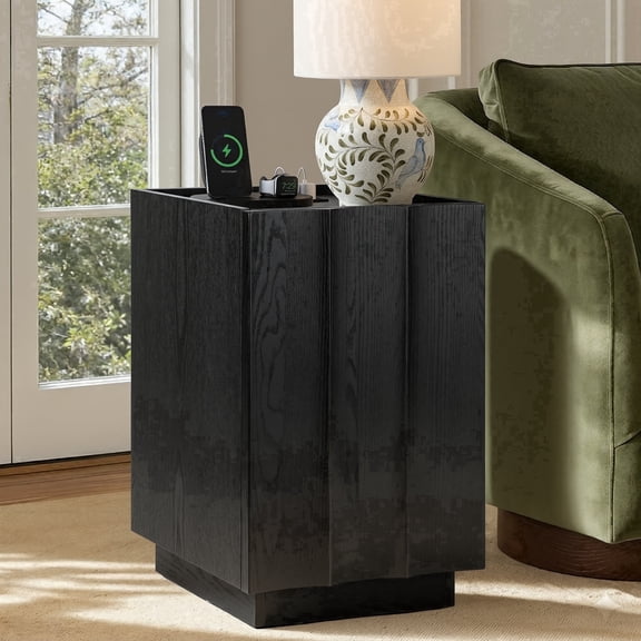 Rafasarr 15.4" Side Table with Charging Station & Storage, Wave Design, Black