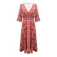 thumbnail image 4 of Boho Dresses for Women, Women's Short Sleeve Casual Floral Print V Neck High Waist Maxi Dress Beach Sundress for Women, 4 of 4