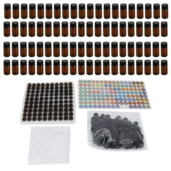 CUITING 100 Pcs Amber Glass Mini Essential Oil Bottles Small Empty Sample Bottles Glass Vial Black Caps Tiny Amber 3ml Glass Bottles Perfume Jars for Traveling