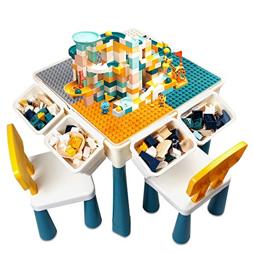 Classic Kids 7-in-1 Multi Activity Build Table and 2 Chair Set 120 Pieces Large Building Blocks Water Table Building Block Table Play Arts Crafts Table with Storage Space for Kids Toddler