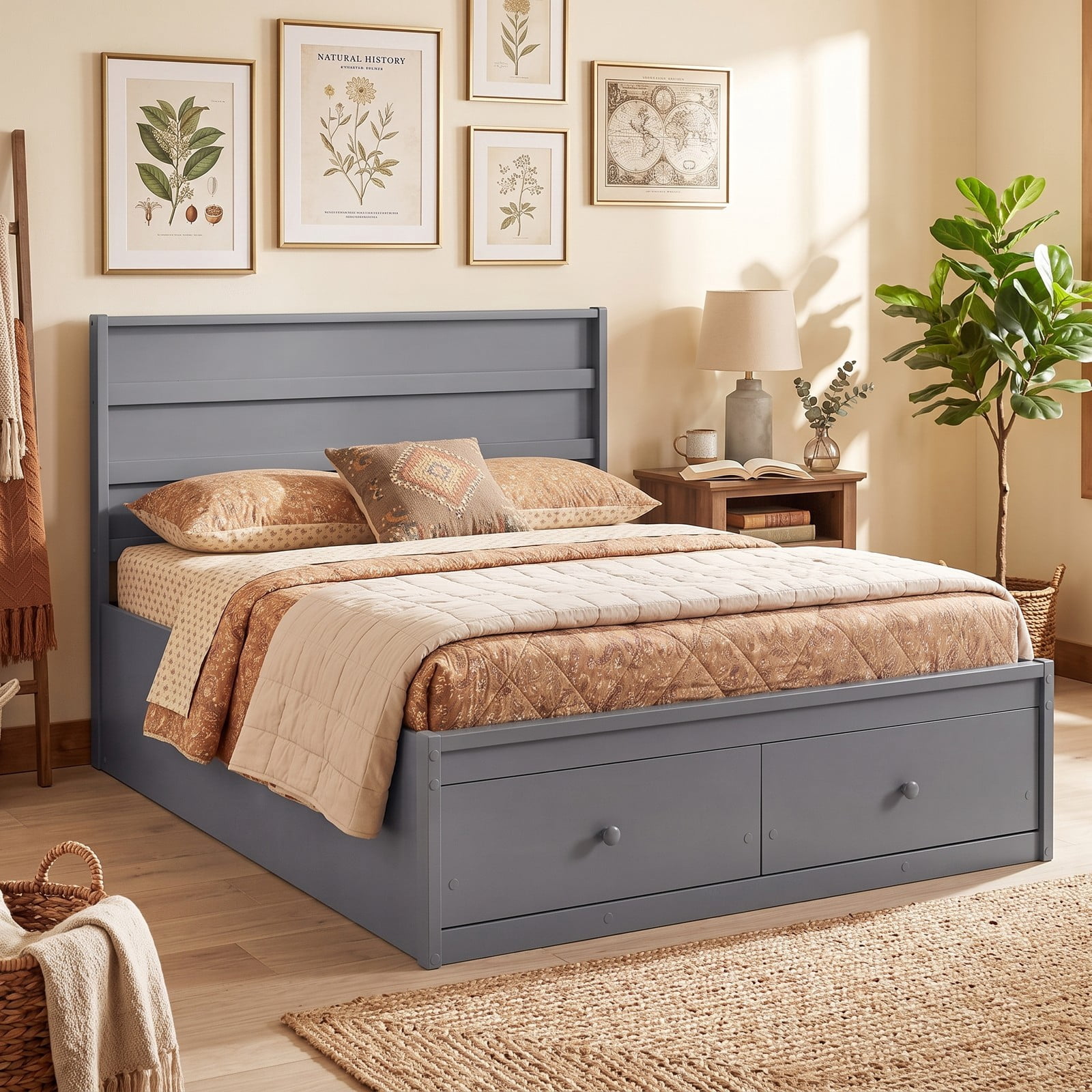 Furnibear Full Size Bed Frame with Storage, Wooden Platform Bed with Plank Headboard and 2 Storage Drawers, Gray
