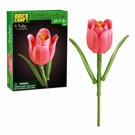 Brickcraft Bricktanicals Tulip Building Kit, Adjustable Angling Display Flower with Coral Gradient Petals, 37-Piece Set