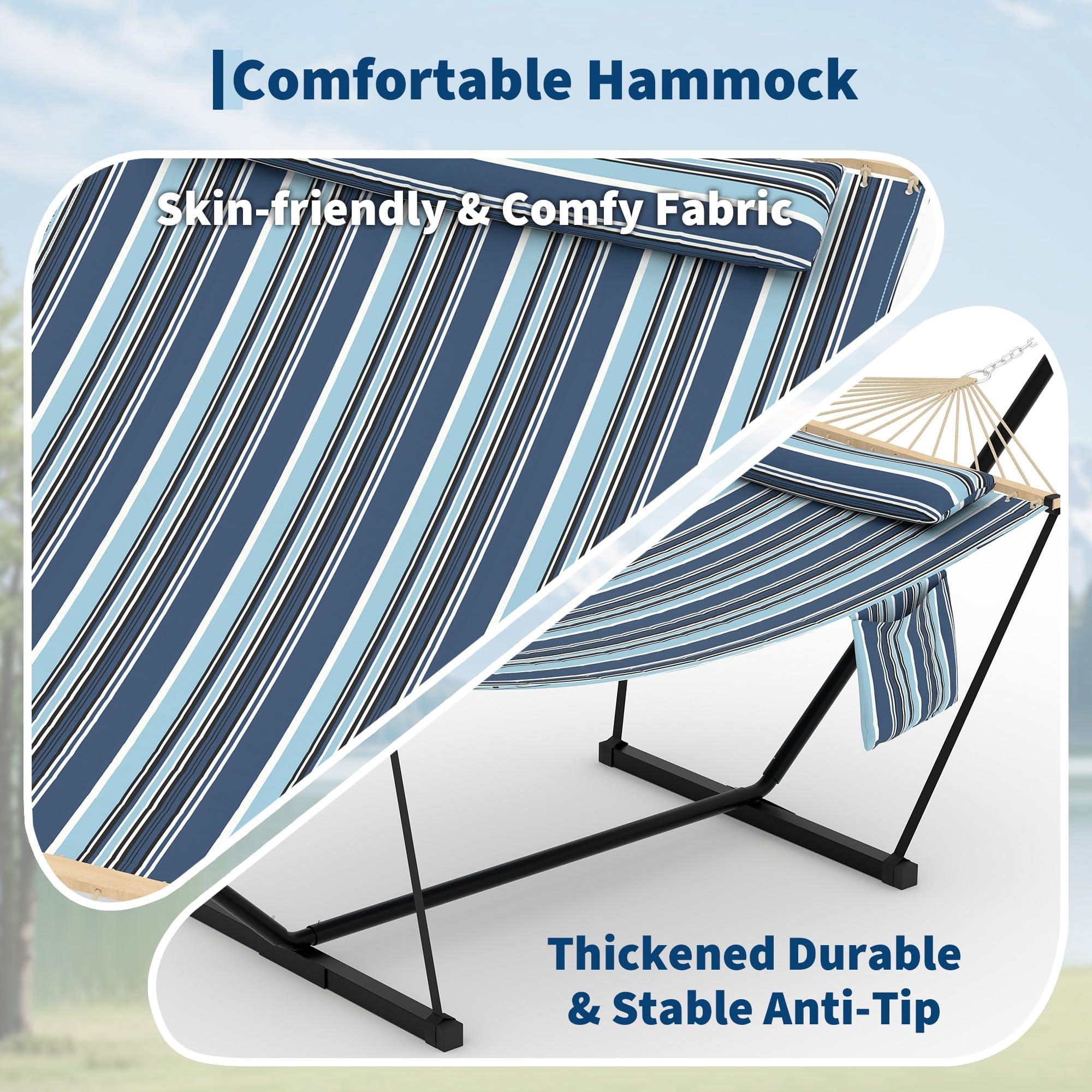 Double Hammock with Stand for Outdoor, Heavy Duty Portable 2 Person Hammock with Adjustable Steel Stand for Patio, Garden, Beach, Backyard