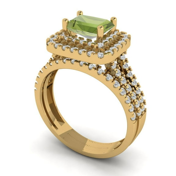 3.05ct Brilliant Emerald Cut Natural Peridot 14K Yellow Gold Halo Solitaire with Accents Engagement Bridal Wedding Ring Band Set size 6.25