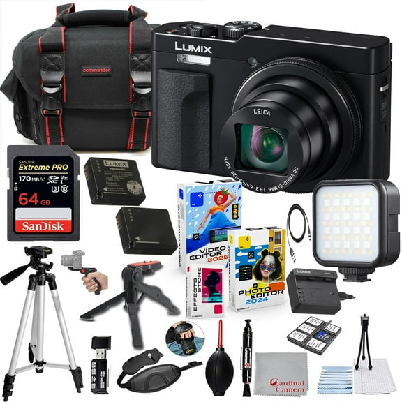Panasonic ZS99 Digital Camera (Black) Bundle Accessory Kit with 64GB Extreme Memory, LED Light, Tripod, Carry Case, Editing Software Package & More (22 Items)