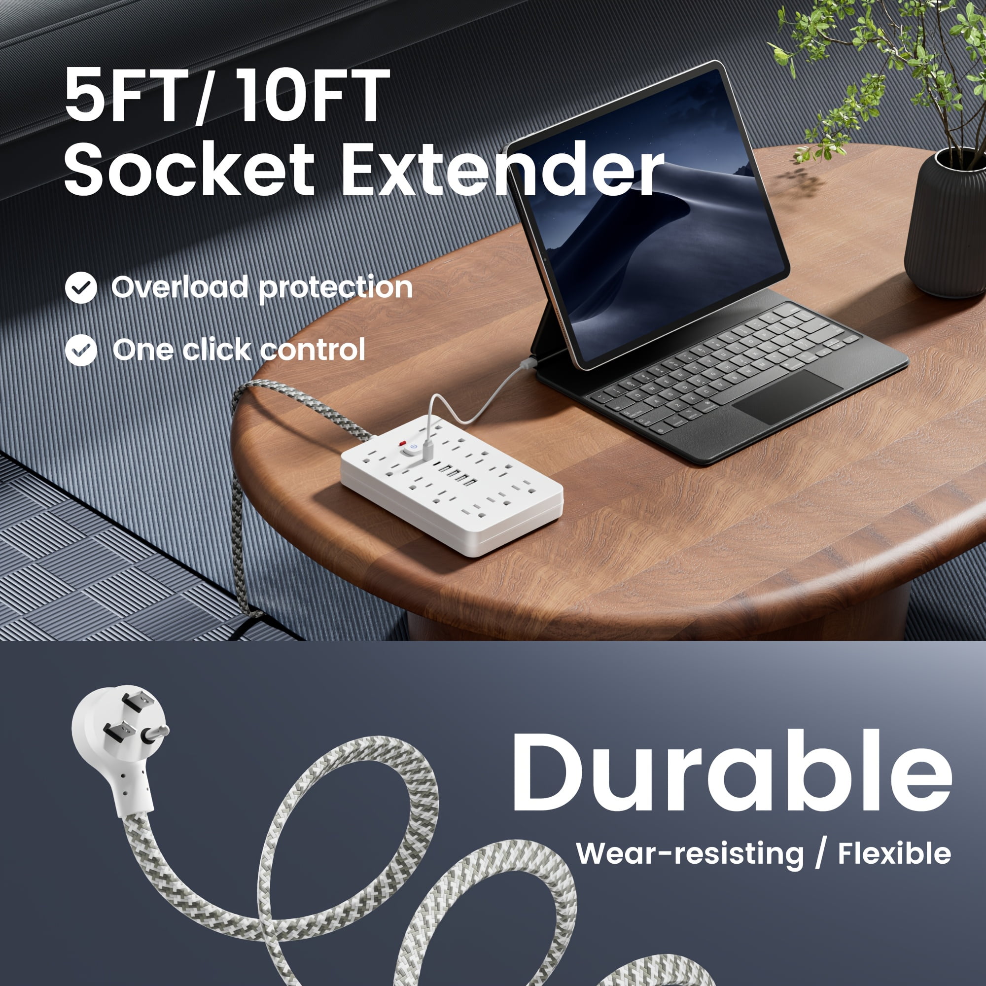 Surge Protector Power Strip with 11 AC Outlets, 4 USB-A & 2 USB-C Ports, 5ft/10ft Braided Cord, Overload Protection for Home Office Travel