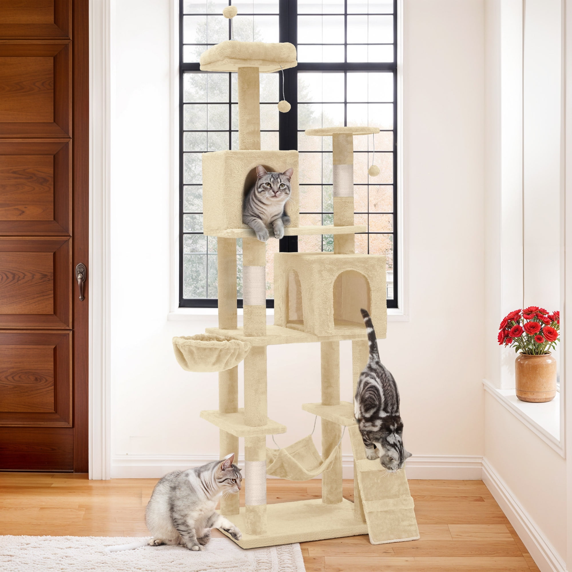 Uforic 75"Cat Tree Tower for Large Cats,Multi Level Play Tower Condo  with Scratching Posts&Hammock, Beige