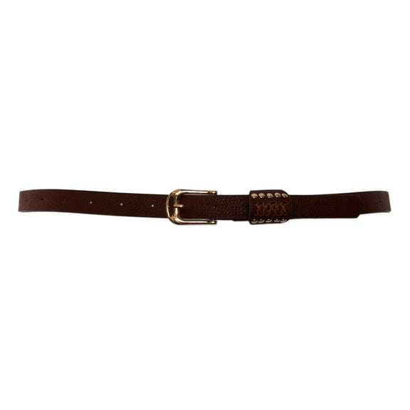 eVogues Plus Size Metal Stud Detailed Gold Buckle Skinny Belt Brown