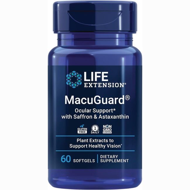 Life Extension MacuGuard Ocular Support with Saffron & Astaxanthin  Eye Health Supplement for Healthy Vision  with lutein, zeaxanthin, meso-zeaxanthin  Gluten-free, Non-GMO, 1-Daily  60 softgels