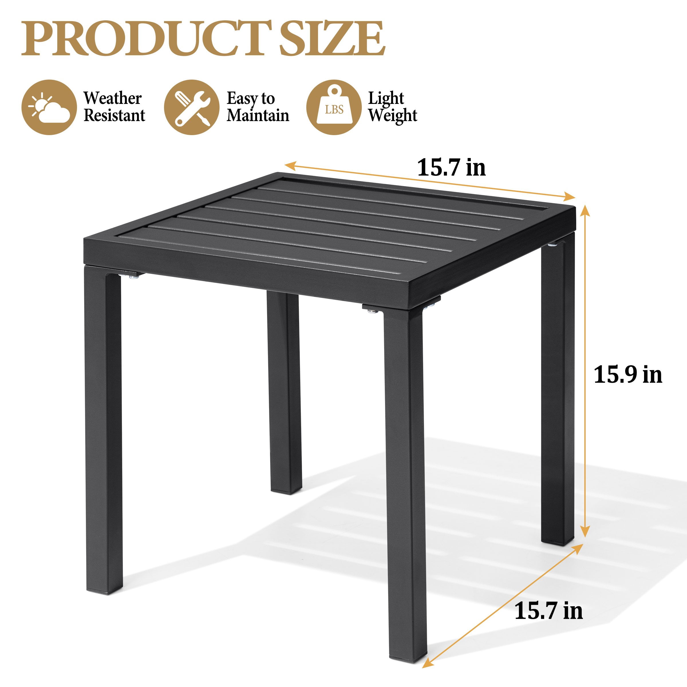 Pellebant 16" Outdoor Side Table, All-Weather Square Metal Patio End Table for Garden, Porch, Deck, Backyard, Black
