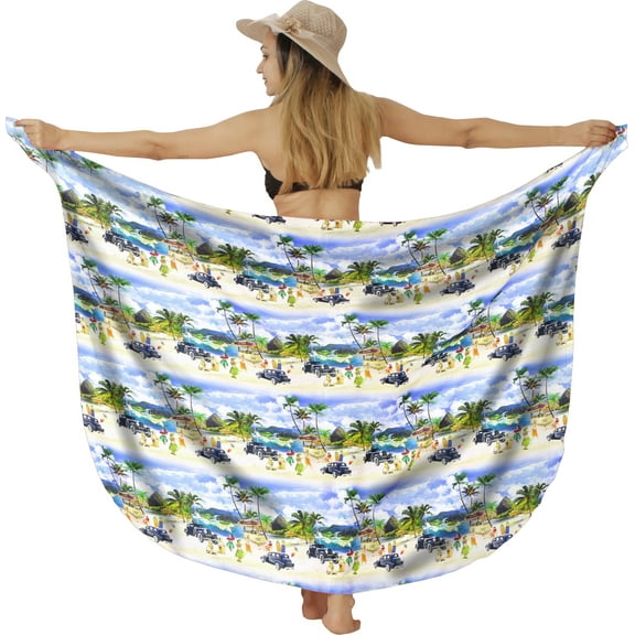 LA LEELA Women's Beachwear Summer Beach Bikini Wraps Sarong Wrap Skirt Swim Cover ups for Swimwear Coverups Women One Size Lapis, Palm Tree Beach
