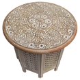 thumbnail image 2 of Zateety Mesh Cut Out Carved Mango Wood Octagonal Folding Table with Round Top, Antique White and Brown, 2 of 6
