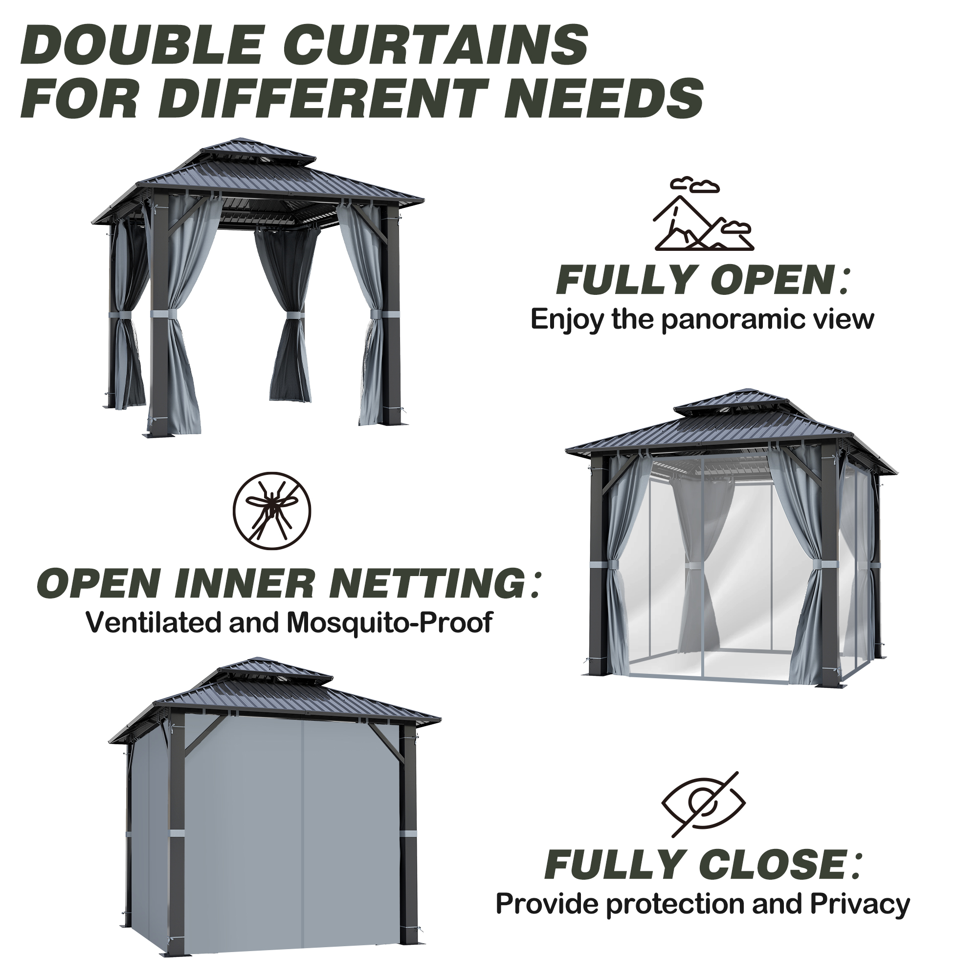 Howsvn 8.5 x 8.5 Ft. Outdoor Double Steel Roof Hardtop Gazebo, Patio Aluminum Frame Gazebos with Netting and Curtains for Garden, Backyard