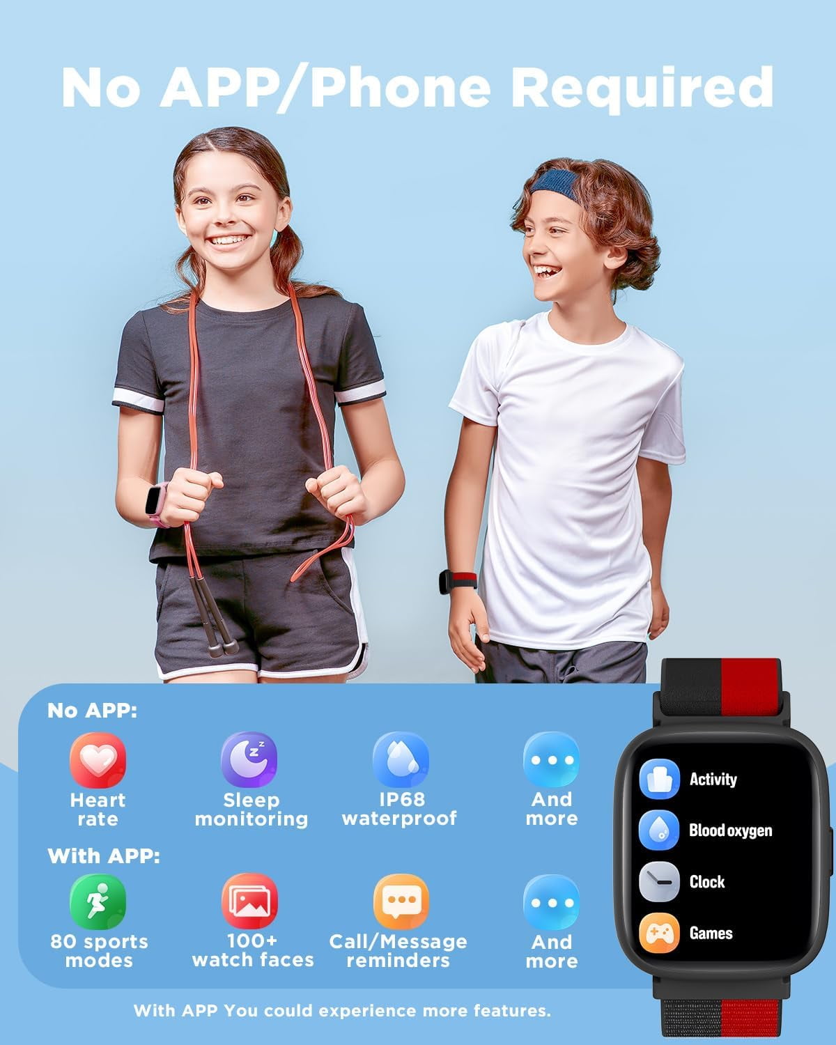BIGGERFIVE Smart Watch for Kids, 1.8" Fitness Tracker Watch Pedometer, Sleep Monitor, IP68 Waterproof, Calorie Step Counter, Puzzle Game with/Without APP for Girls Teens 5-16,