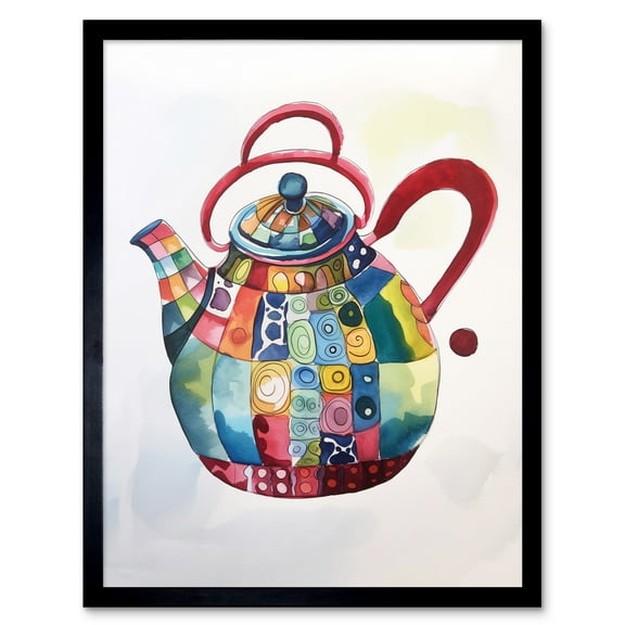 Enamelled Patterned Tea Kettle Teapot Folk Art Watercolour Painting Art Print Framed Poster Wall Decor 12x16 inch