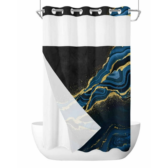 No Hook Cloth Fabric Shower Curtain with Snap in Liner, Blue Marble Waterproof Shower Curtains Set with See Through Top Window, Gold Abstract Vintage Modern Black Art Bath Curtains Shower 36"x78"