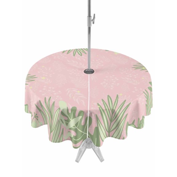 Outdoor Tablecloth with Umbrella Hole and Zipper, Pink Leaves Round Table Cloth 54 Inch Waterproof Tablecloth, Green Summer Botanical Pastoral Picnic Table Cover for Patio Camping