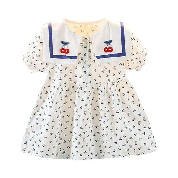 CUZIBR Summer Dress Little Girl Baby Fashion Bucolic Style Cherry Print Short Sleeve Lapel A-Line Dress Lovely Dailywear For Toddler