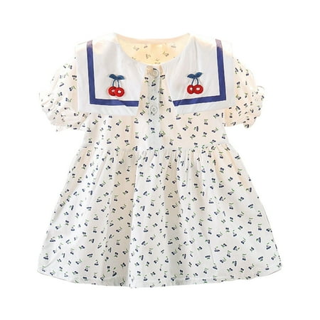 

OJinShaWanO Flower Dress For Girls With Sleeves Summer Dress Little Girl Baby Fashion Bucolic Style Cherry Print Short Sleeved Lapel A Line Dress Navy Cotton Blend 12-24 Months
