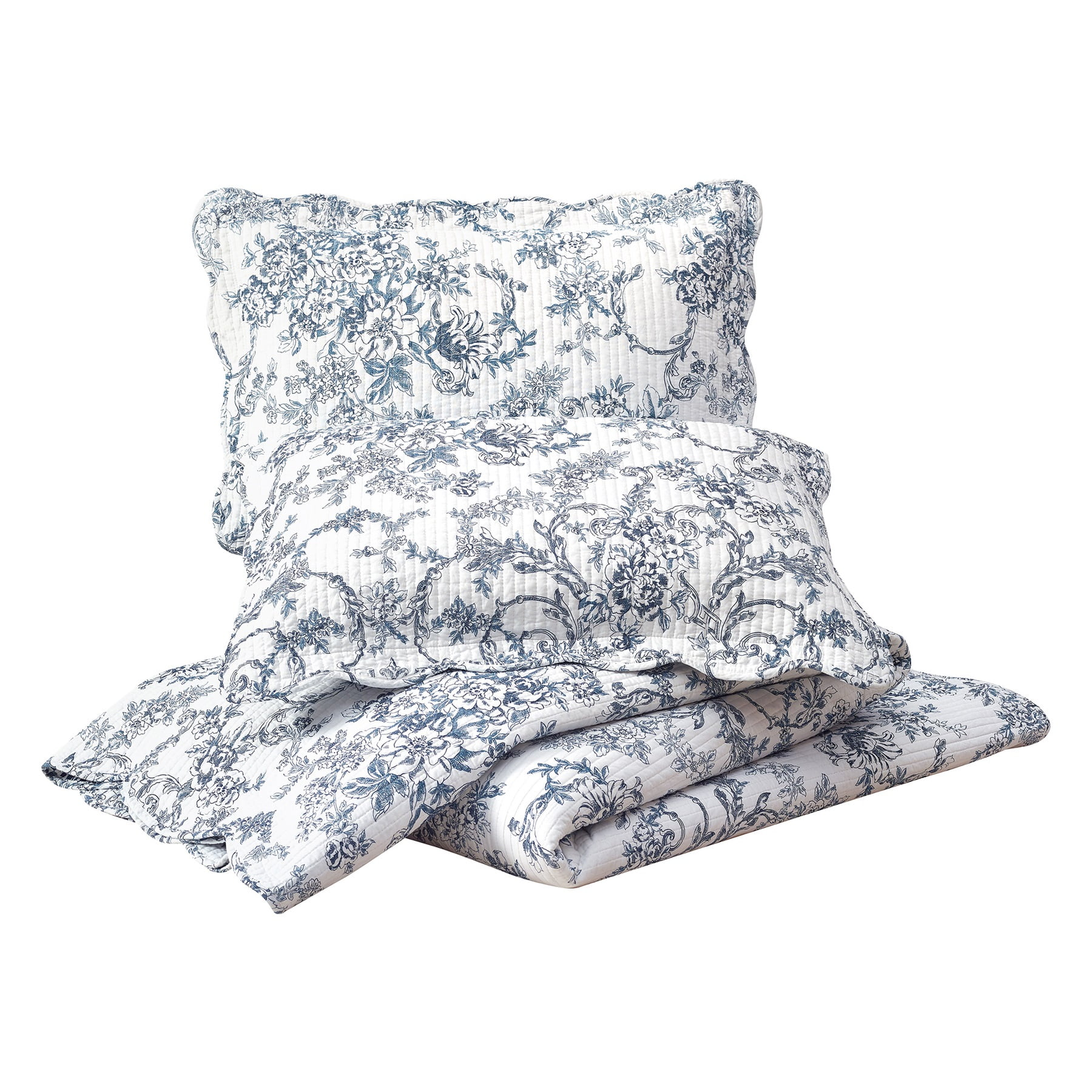 Modern Heirloom Garden Toile Blue 3-Piece Reversible Quilt Set, King