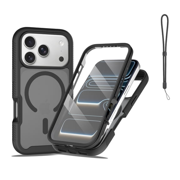 Mynvo Case for iPhone 17 Pro with Wrist Strap & Screen Protector, Support Wireless Charging Non-Slip Anti-Fingerprint Hard PC Rugged Shockproof Magnetic Back Cover for Women Men, Black