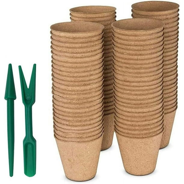 100 macetas de turba de 6 cm para sembrar: macetas biodegradables para iniciar semillas con 2 herramientas de siembra, kits de macetas biodegradables para plantas, macetas de germinación para vivero