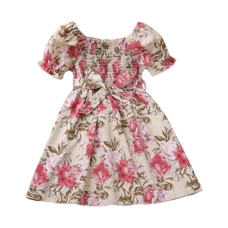 

XIEULQP Summer Dress Girl s Casual Dress Scoop Neck Short Sleeves Floral Flowy Print Bowknot Sundress Dress Flower Girl Dress Red