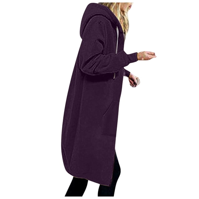 WEAIXIMIUNG Sweatshirts pour Enseignants Grande Taille Femmes Automne Hiver Mode Décontractée Couleur Unie à Capuche avec Cordon de Serrage Poches Zippées Long Manteau