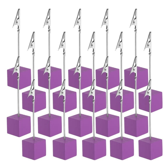 Place Card Holder, 20Pcs Memo Clip Holder Stand with Alligator Clasp Table Number Holders Wooden Base for Pictures Note Card Paper, Purple