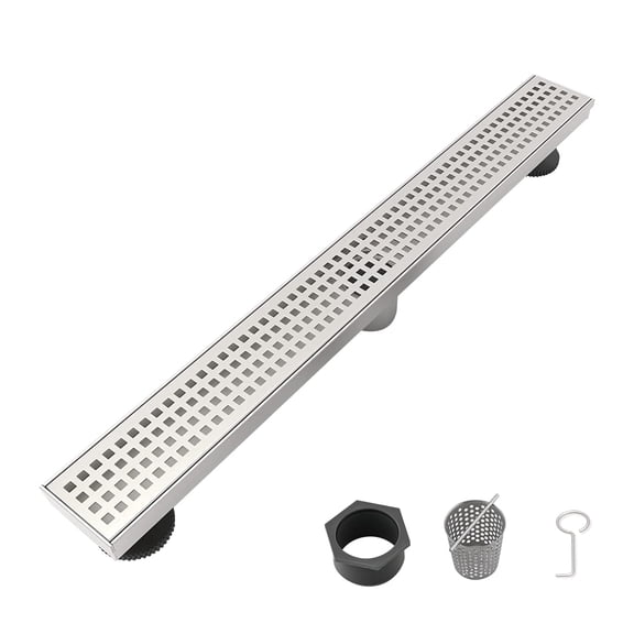 24 Inch Linear Shower Drain - Removable Square Patterned Grate 304 Stainless Steel with Hair Strainer & Leveling Feet Brushed Nickel