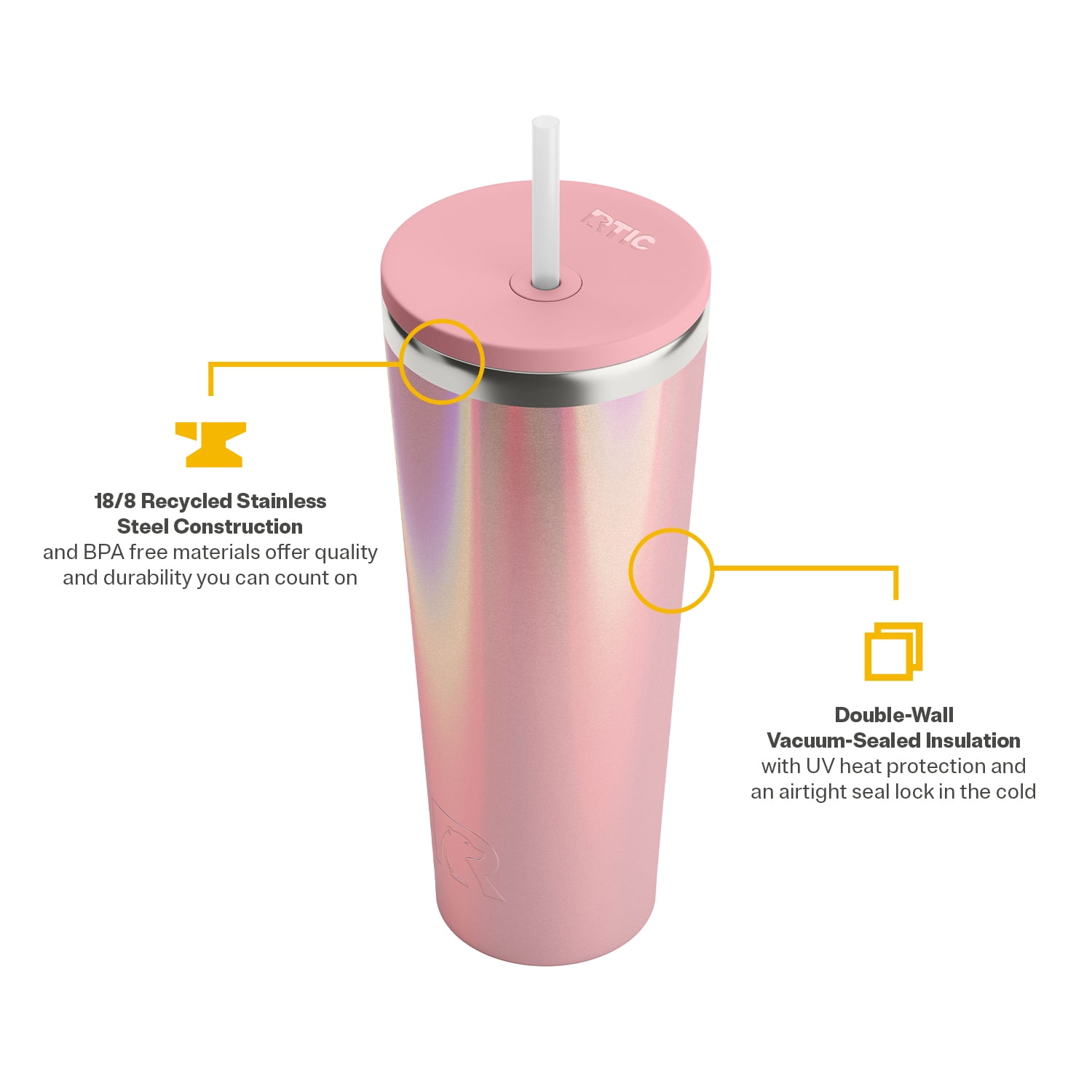 RTIC 28 oz Ceramic Lined Everyday Tumbler, Spill-Resistant Straw Lid, Dusty Rose Glitter