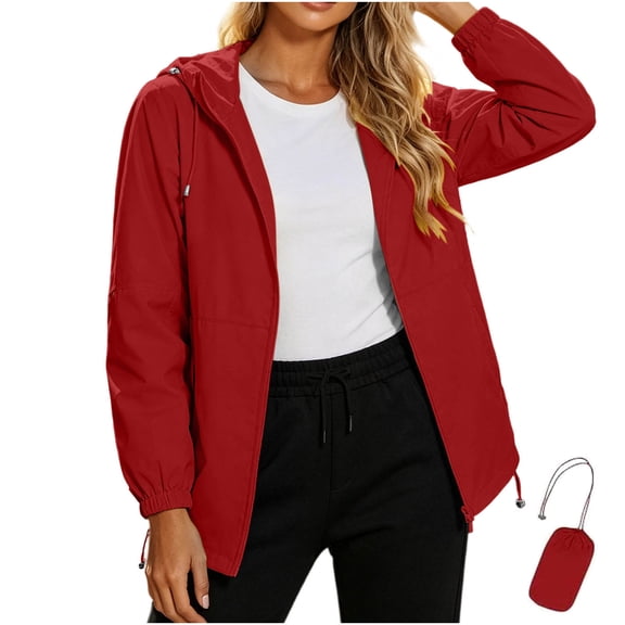 WRKEKC Windbreaker Jackets for Women Solid Color Long Sleeve Zip Up Hooded Waterproof Windproof Rain Coat with Pockets