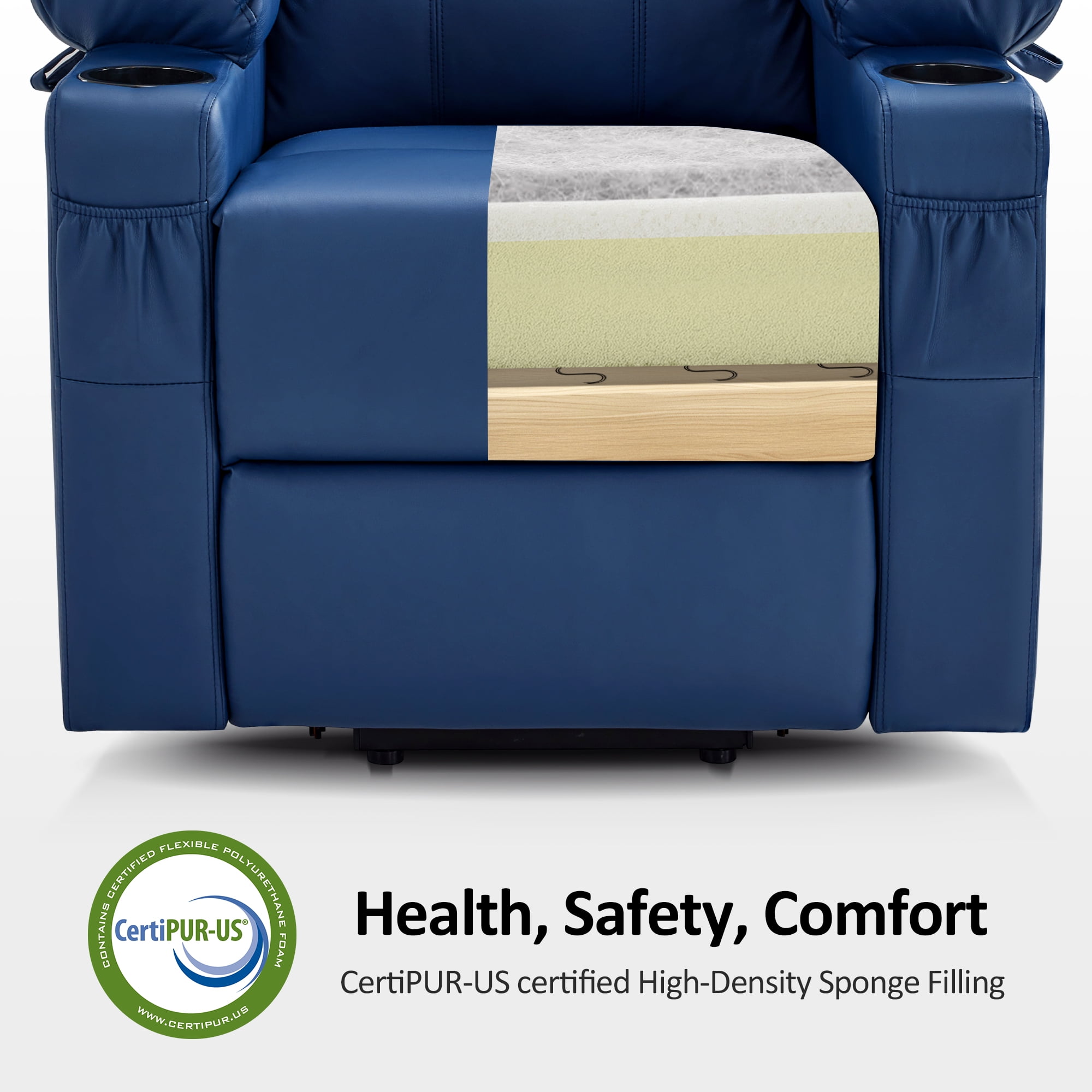 MCombo Electric Power Lift Recliner Chair Sofa with Massage and Heat for Elderly, 3 Positions, 2 Side Pockets, and Cup Holders, USB Ports, Faux Leather 7141 Blue, Small