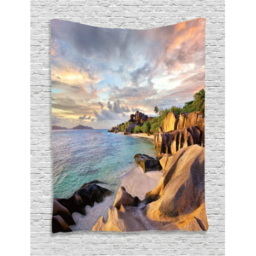 Seaside Decor Wall Hanging Tapestry, Sunset Scenery In Sandy Beach 
