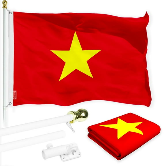 G128 Combo Pack: 6 Ft Tangle Free Spinning Flagpole (White) & Vietnam Flag 3x5 Ft Printed 150D Polyester, Brass Grommets (Flag Included) Aluminum Flag Pole