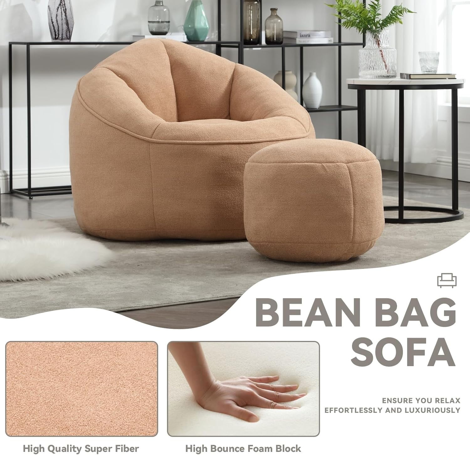 Bean Bag Chair for Adult,Microfiber Upholstered Sofa with Footstool Shell-Shaped Memory Foam Stuffed Lazy Sofa