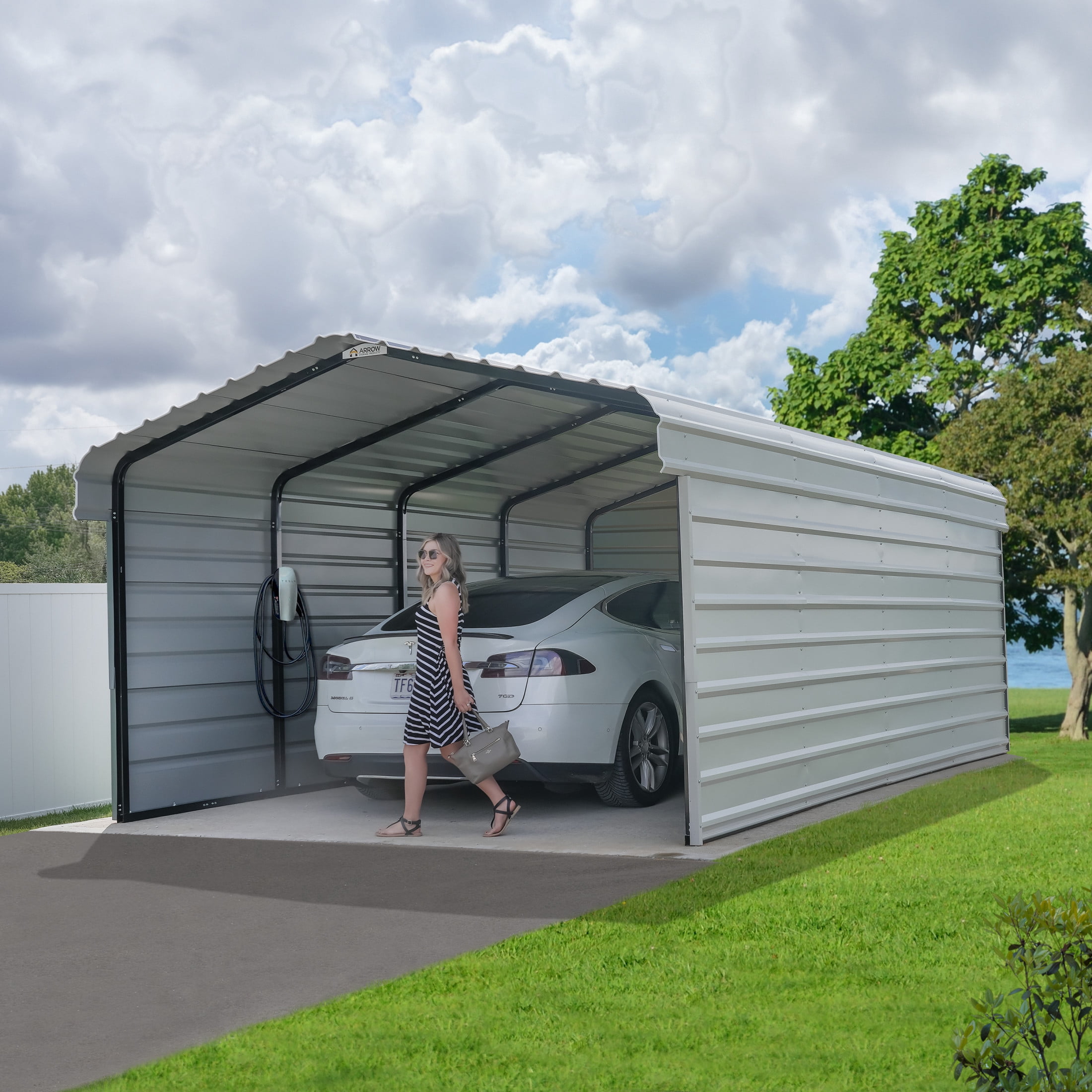 Arrow 12 x 20 x 7 ft Eggshell Steel Carport With 3 Wall Kit