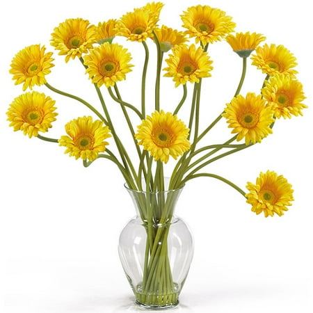 Gerber Daisy Flower Arrangements - Nearly Natural Gerber Daisy Liquid Illusion Silk Flower Arrangement, Yellow