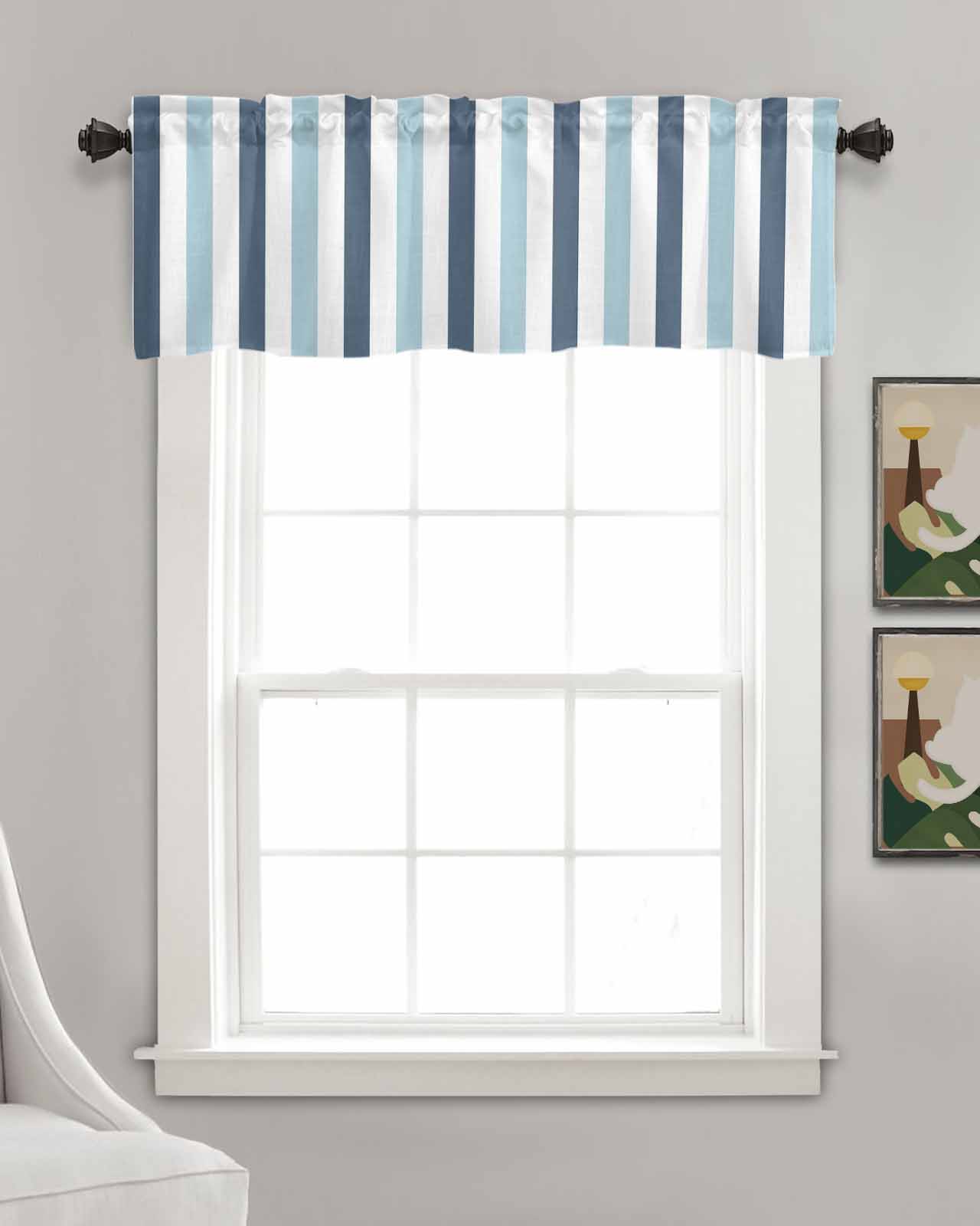 Blue Aqua Striped Kitchen Valances for Windows Farmhouse Linen Window Valance Curtain for Living Room Window Treatment Farmhouse Stripe Art Valance Rod Pocket Topper Drape, 54 x 18 Inch