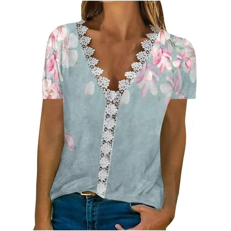 

Mrat Essentials Shirt Women Short Sleeve V-Neck Blouses Ladies Fashion T-shirt Floral Printed Lace Three Short Sleeve Blouse V-Neck Casual Tops Plus Size Corset Top