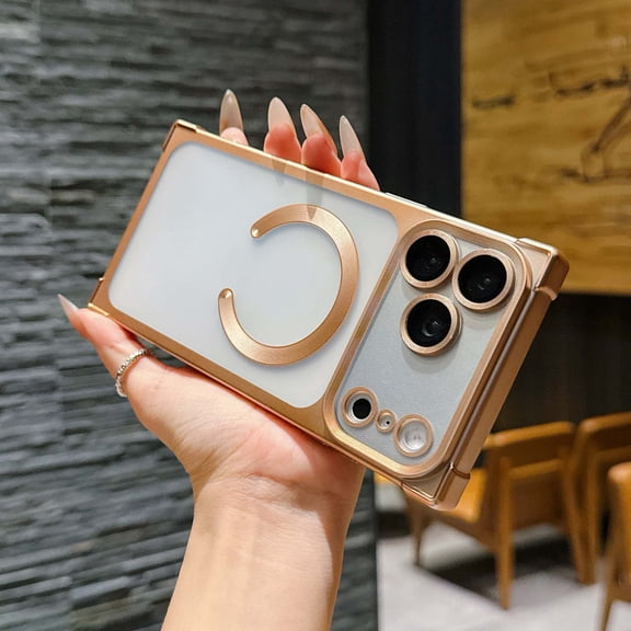 For iPhone 17 Pro Max Phone Case,Built-in Camera Lens Protector,Compatible with Mag-Safe,Electroplated Bumper Design,Matte Translucent Back,Soft TPU Shockproof Anti-fall Phone Case,Gold