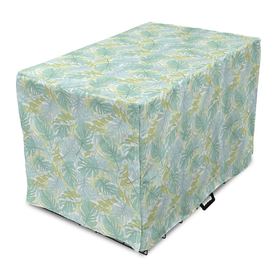 Tropical Dog Crate Cover, Monstera Coconut Palm Leaves in Soft Tones Paradise Forest Jungle Botany, Easy to Use Pet Kennel Cover Small Dogs Puppies Kittens, 7 Sizes, Pale Blue and Khaki, by Ambesonne