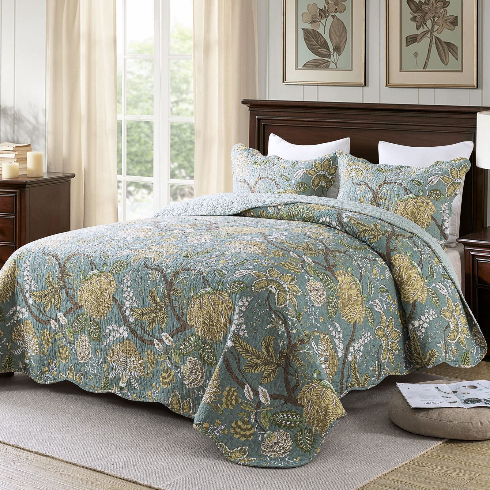 WannaToo Queen Size Quilt Comforter Cotton Bedding Set With Shams, Green