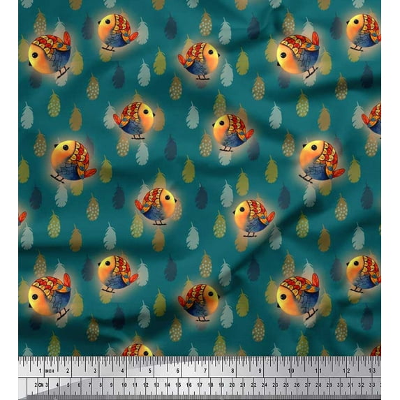 Soimoi Poly Georgette Fabric Feather & Bird Cartoon Printed Craft Fabric by The Yard 52 Inch Wide