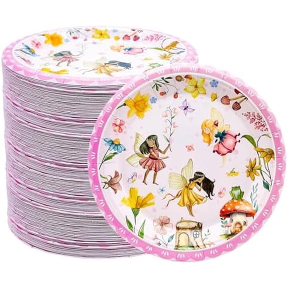 50Pcs Fairy Birthday Paper Plates Fairy Party Supplies 7inch Flower Fairy Plates for Fairies Enchanted Themed Baby Shower Garden flower Spring Bridal Shower Wedding Birthday Party Decorations$$