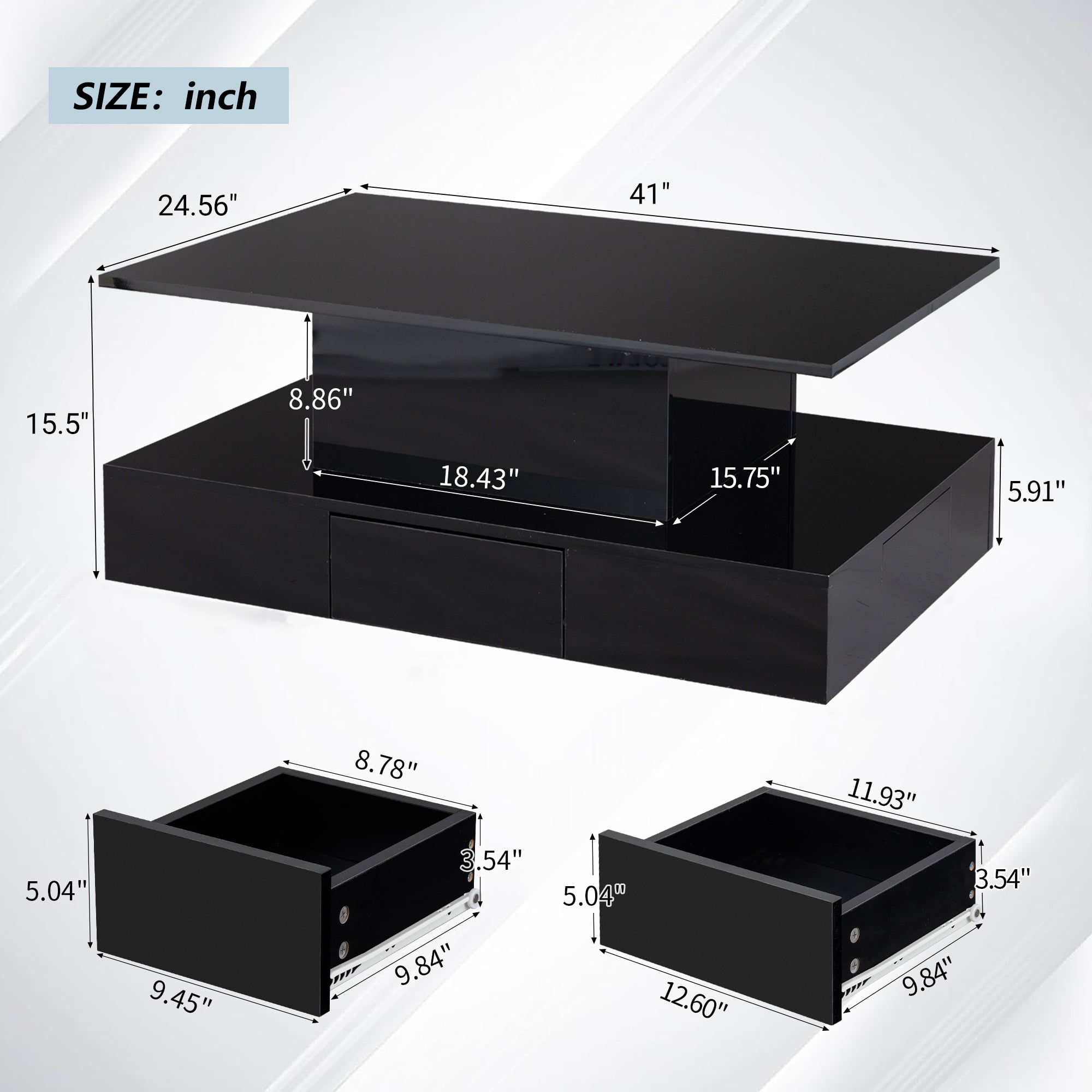 PAPROOS 41" LED Coffee Table with 4 Storage Drawers, High Gloss Black Rectangular Center Table for Living Room Bedroom, Modern Coffee Tables with Large Storage Space, App/Remote Control
