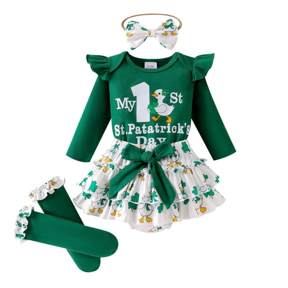 RMGVDSD My First St. Patrick'S Day Baby Girl Outfit Letter Print Long Sleeve Romper Ruffle Layered Shorts Headband Socks Cute Infant Clothes Comfortable Outfits